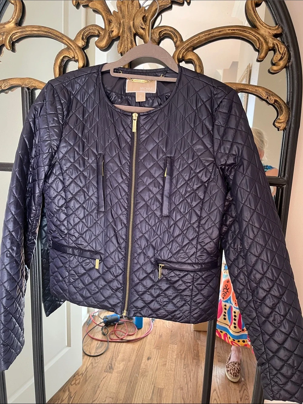 Michael Kors Navy Quilted Collarless Puffer Jacket with Gold Hardware